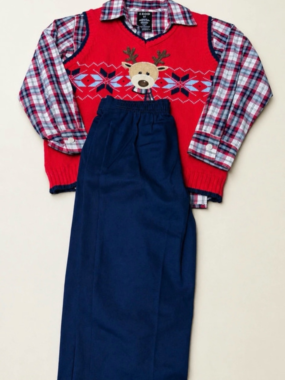 Izod Red Reindeer Knit Vest Plaid Shirt and Navy Pants Set